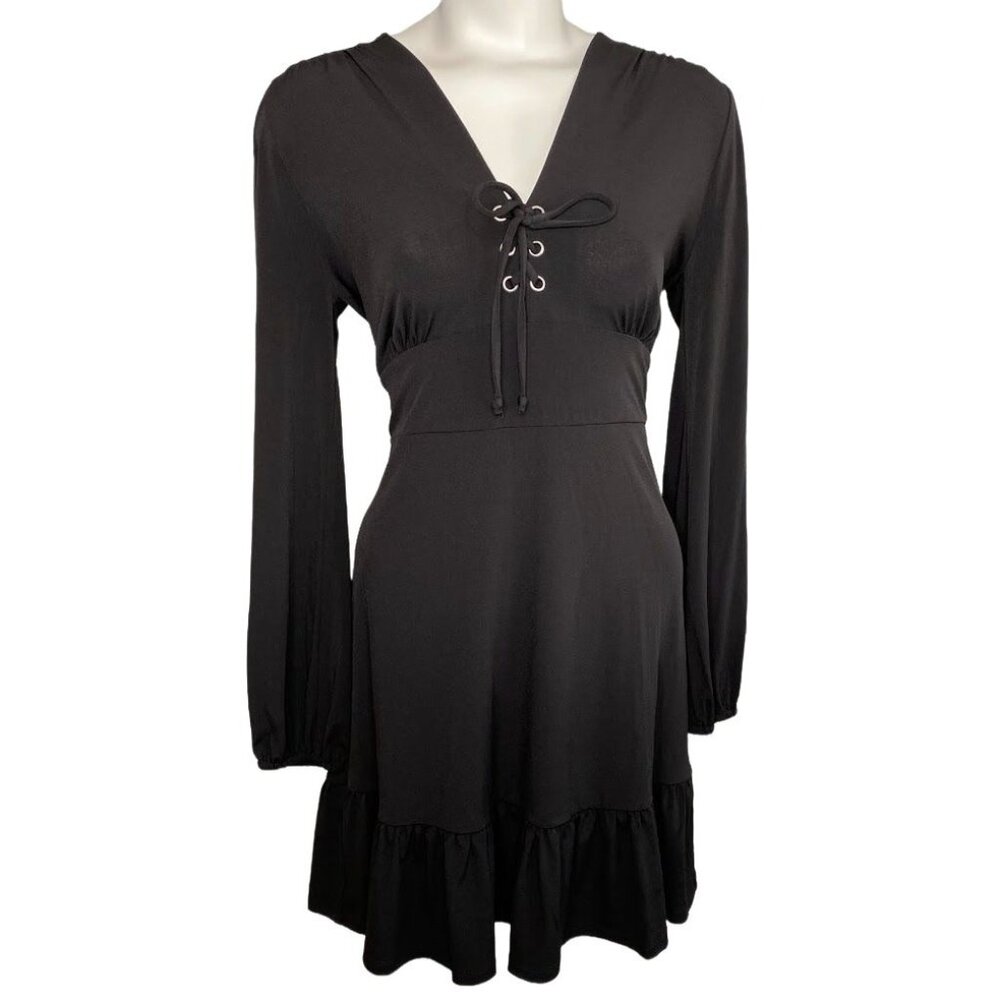 Michael Kors Dress Women's MEDIUM Black Lace-Up V-Neck Ruffled Stretchy NEW